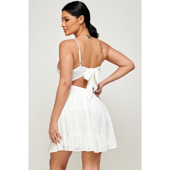 SOLD OUT White Eyelet Embroidered Back Knot Sleeveless V-Neck Mini Dress Summer - Picture 7 of 7
